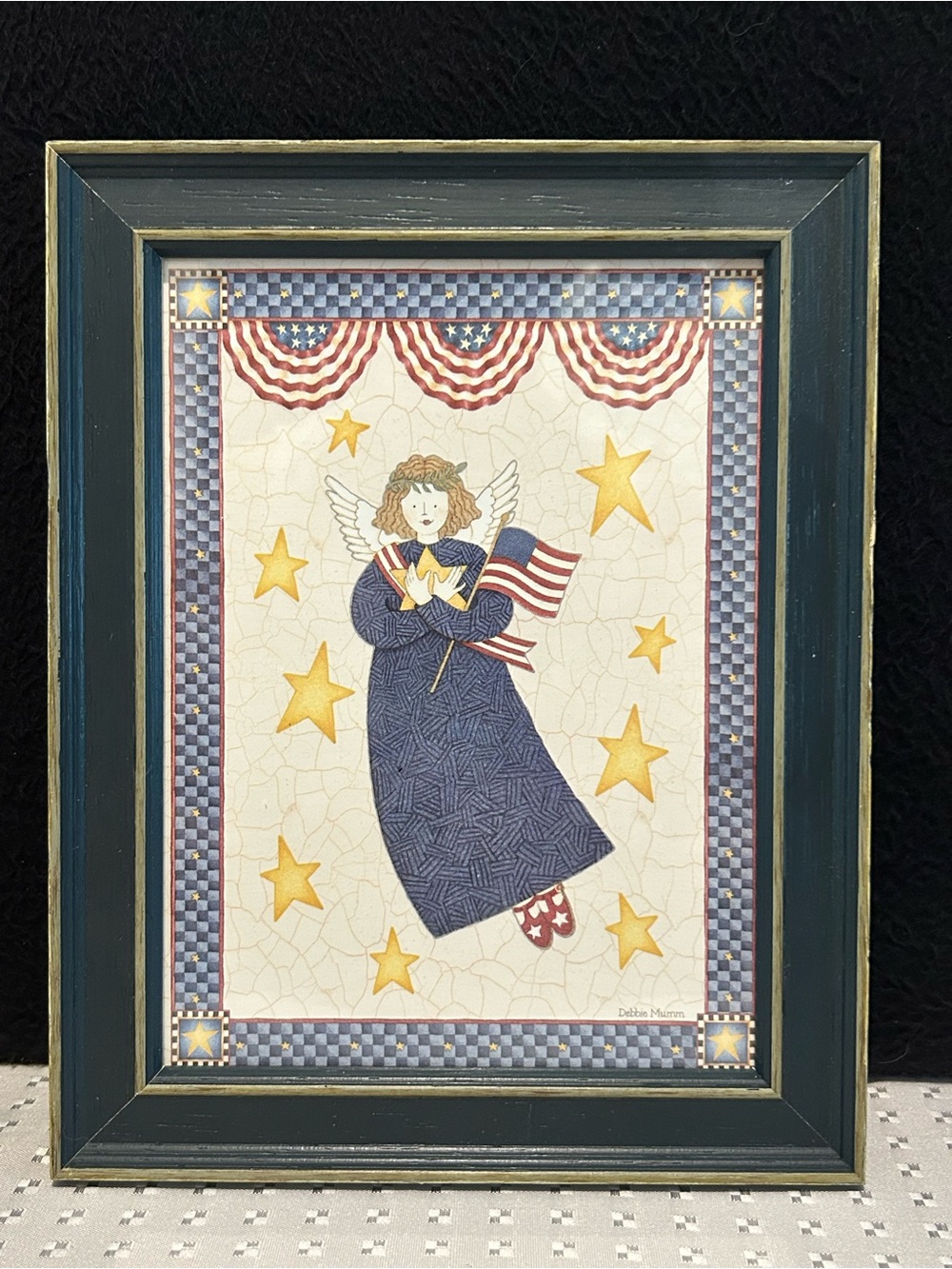 Primitive Americana Patriotic Flag Angel framed Small Folk Art 6X8 New
